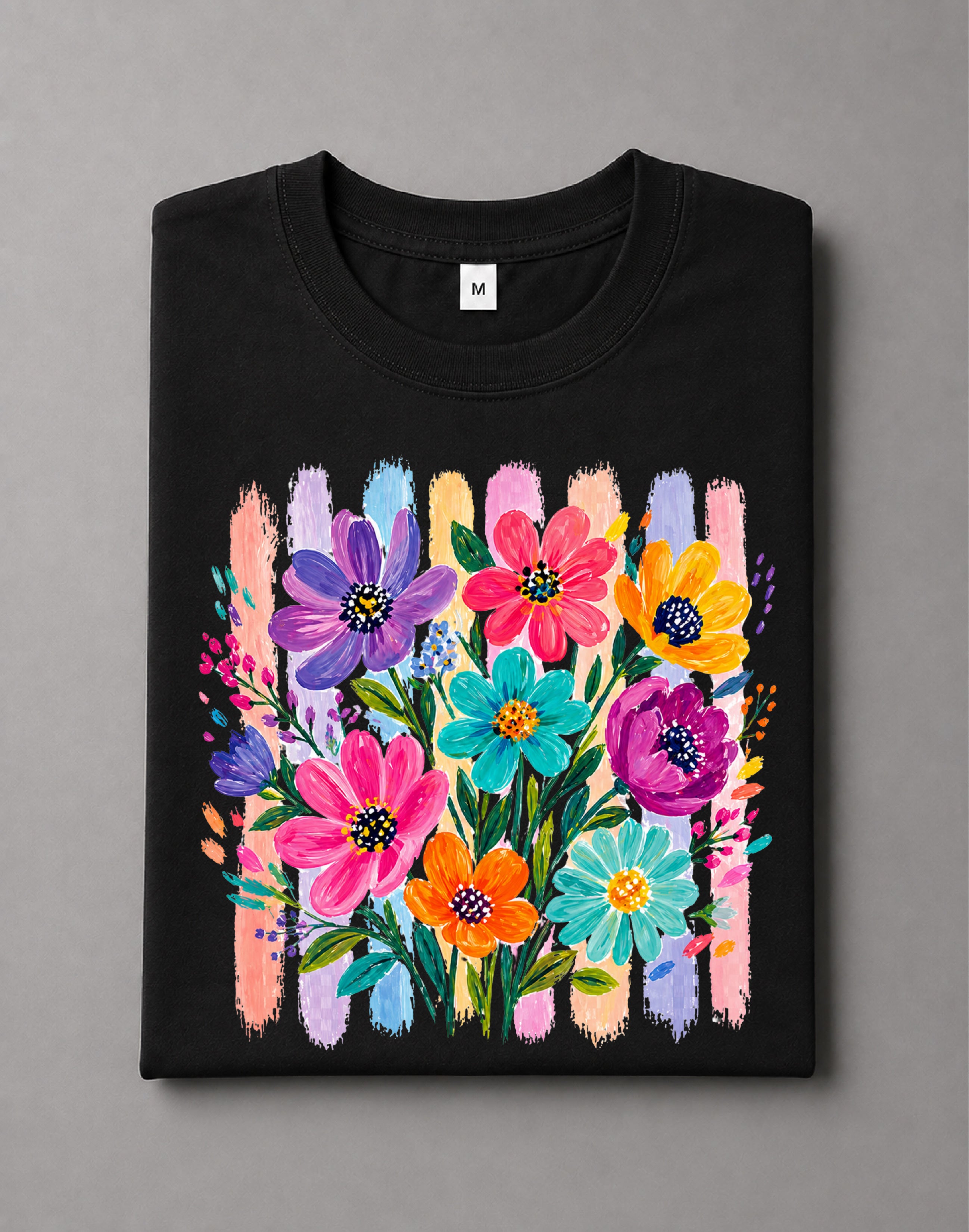 Striped Boho Floral Brushstroke Shirt – Bohemian Floral Graphic Tee, Artistic Wildflower Print Shirt, Trendy Summer Casual Shirt – DT-1