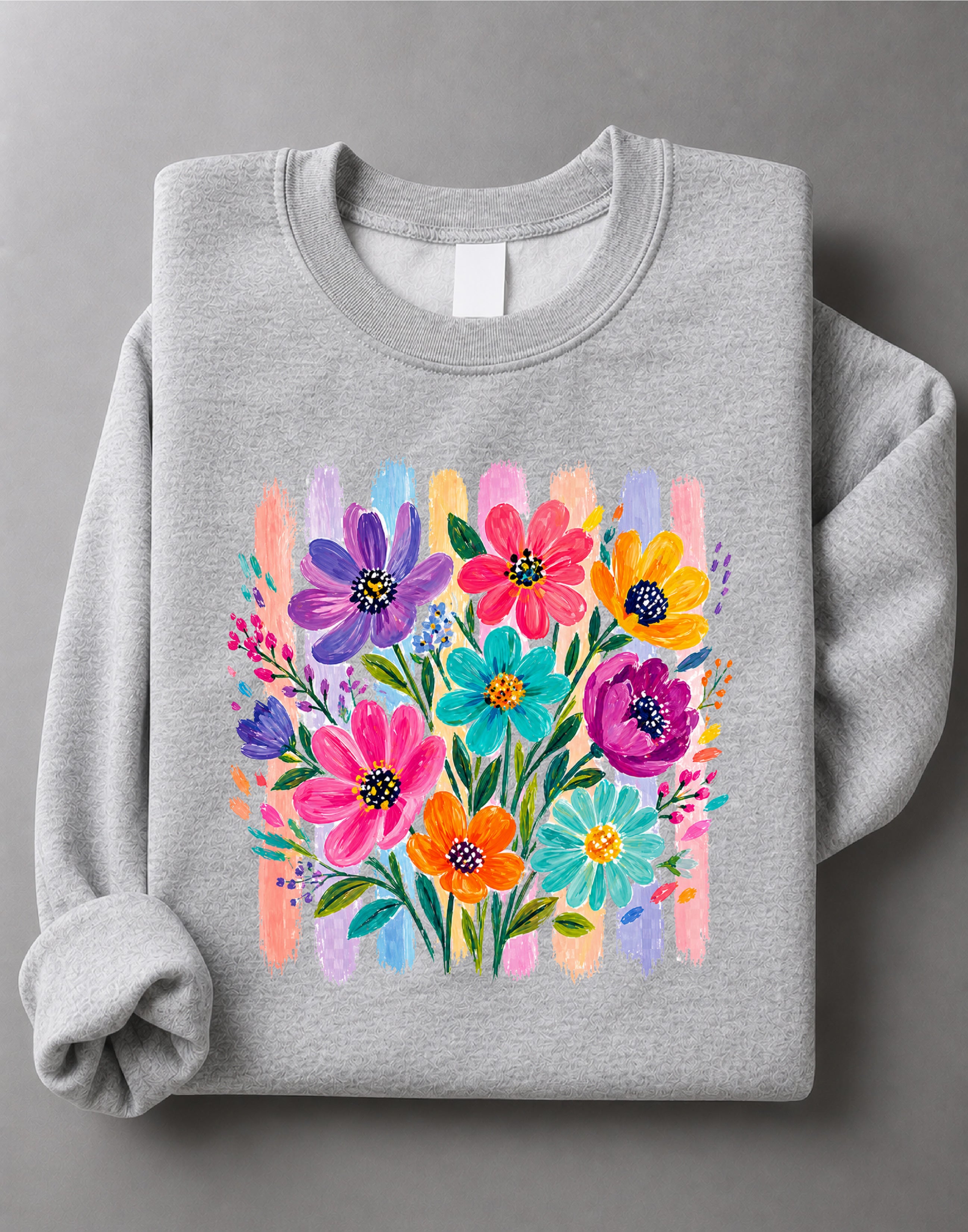 Striped Boho Floral Brushstroke Sweatshirt– Bohemian Floral Graphic Sweater, Trendy Floral Casual Crewneck– DT-1