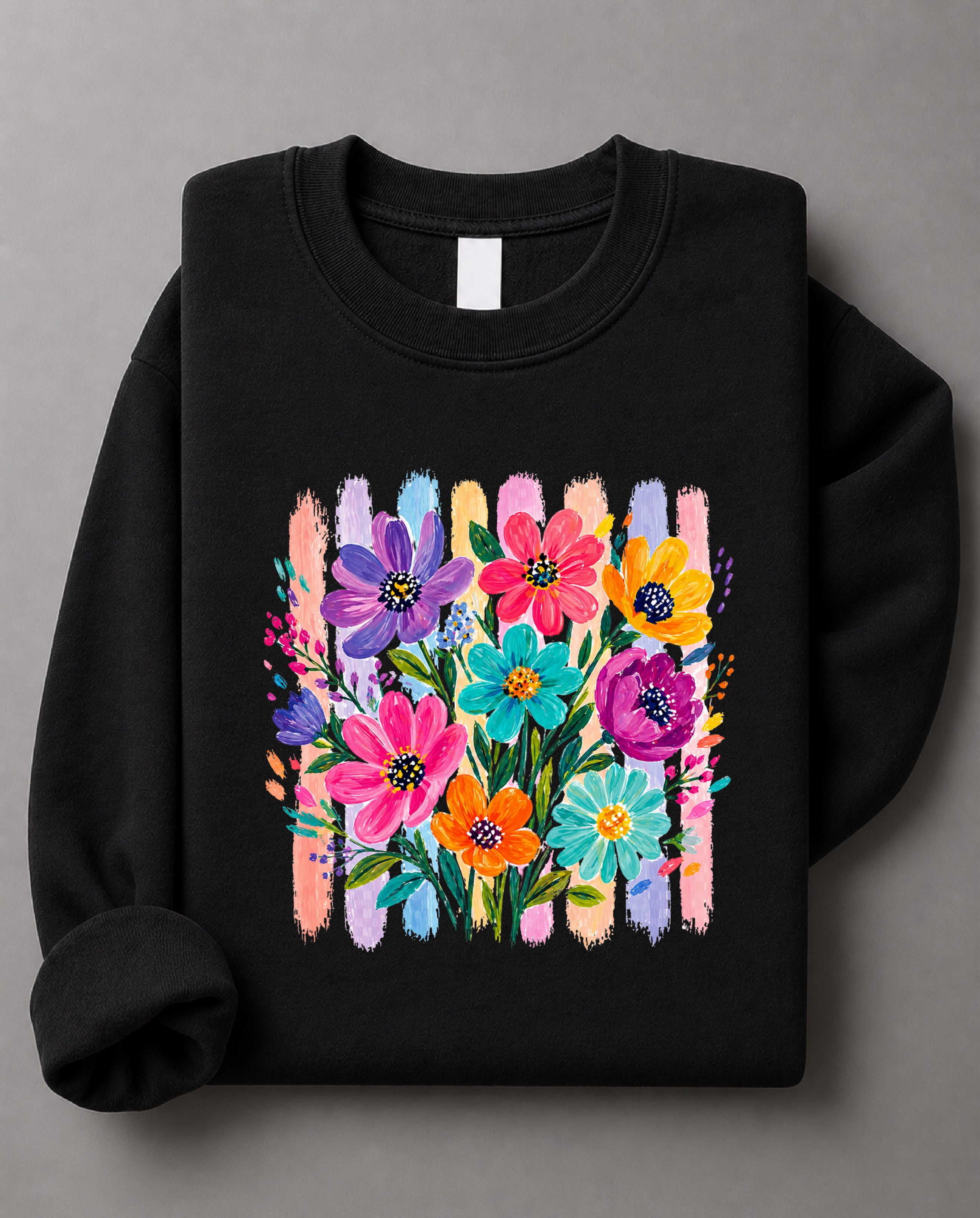 Striped Boho Floral Brushstroke Sweatshirt– Bohemian Floral Graphic Sweater, Trendy Floral Casual Crewneck– DT-1