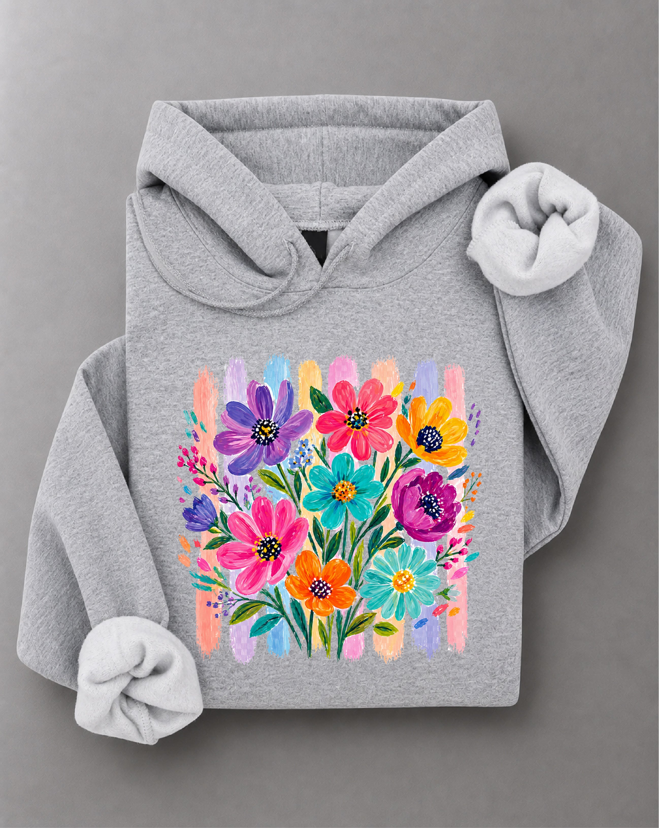 Striped Boho Floral Brushstroke Hoodie– Bohemian Floral Graphic Hooded Sweater, Trendy Floral Casual Hoodie– DT-1