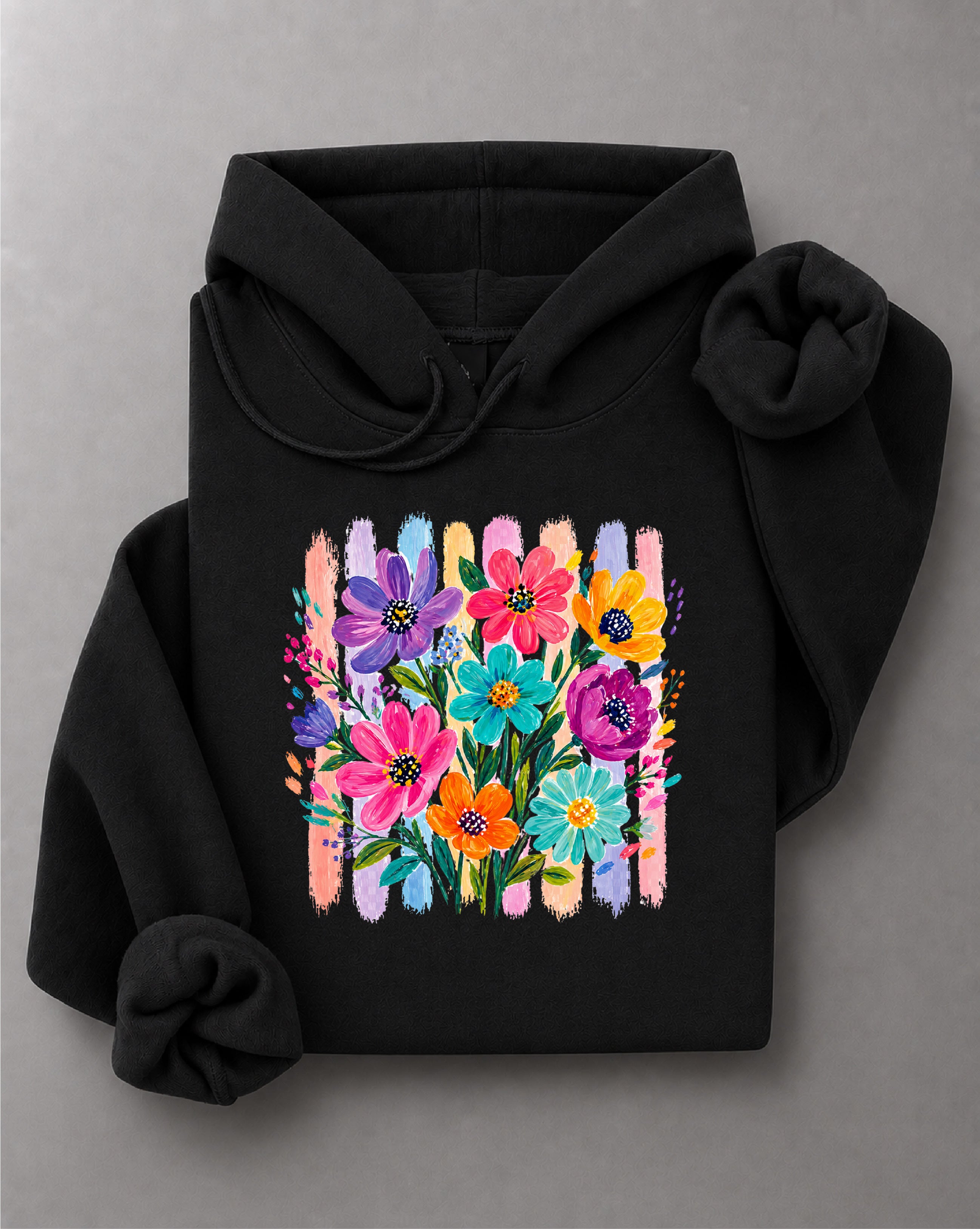 Striped Boho Floral Brushstroke Hoodie– Bohemian Floral Graphic Hooded Sweater, Trendy Floral Casual Hoodie– DT-1