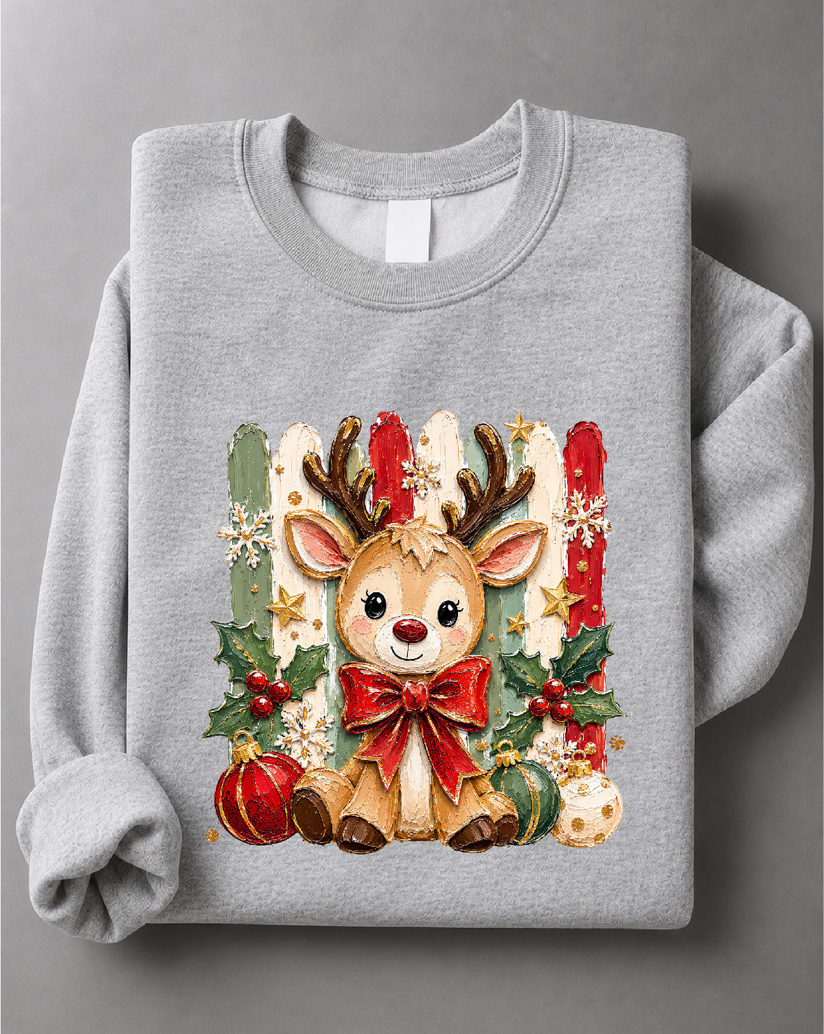 Coquette Christmas Reindeer Sweatshirt – Cute Bow Reindeer Graphic, Girly Holiday Apparel – DTF-41