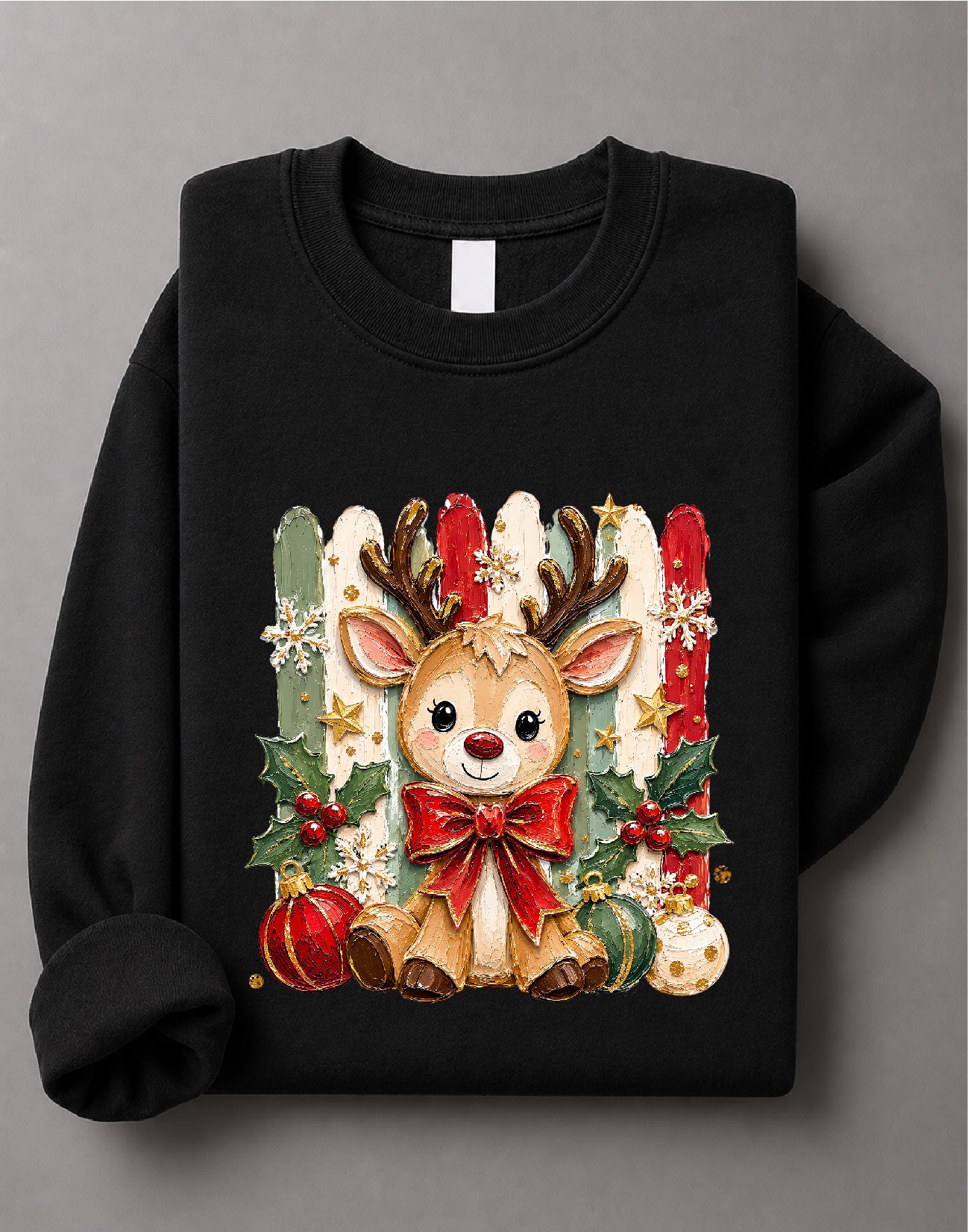 Coquette Christmas Reindeer Sweatshirt – Cute Bow Reindeer Graphic, Girly Holiday Apparel – DTF-41
