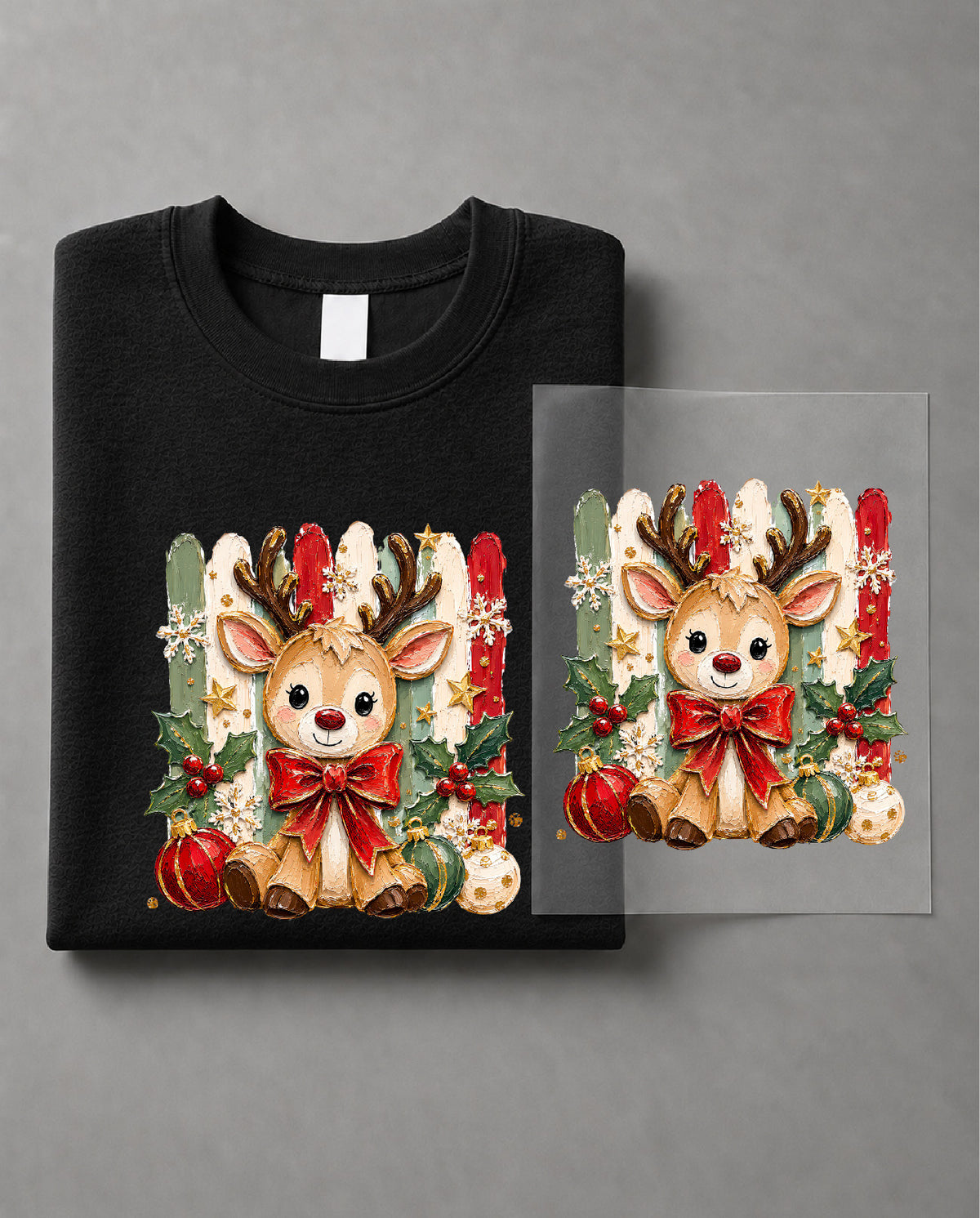 Coquette Christmas Reindeer Sweatshirt – Cute Bow Reindeer Graphic, Girly Holiday Apparel – DTF-41